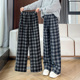 大码 复古毛呢阔腿裤 黑灰色加绒格子裤 女胖mm秋冬直筒慵懒休闲裤