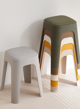 塑料凳子加厚家用奶油风圆凳轻奢高级感餐桌椅软包可叠放方凳椅子