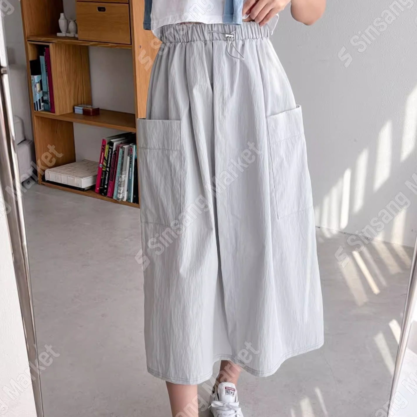 colofunia韩国女装代购碎花H型中长半身裙春夏款松紧腰棉尼龙
