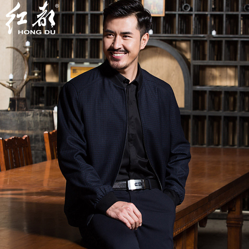 红都男士外套新款韩版休闲中年男夹克棒球领时尚爸爸装