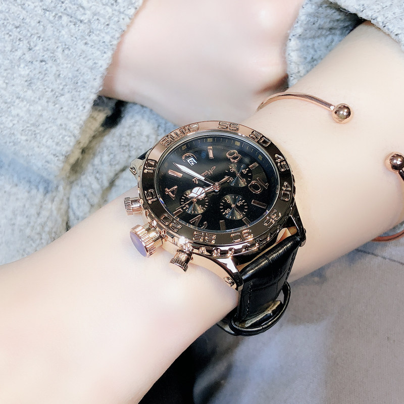 玛莎莉时尚大气皮带表女士带日历土豪玫瑰金中性手表个性大表盘女