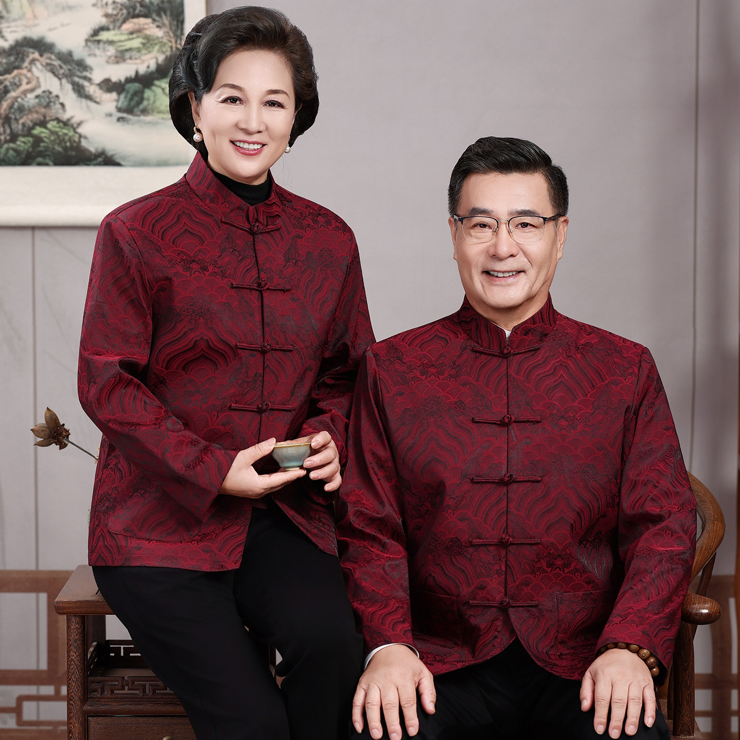 唐装男中老年春秋父母中式婚礼服老人过寿生日爷爷奶奶中国风套装