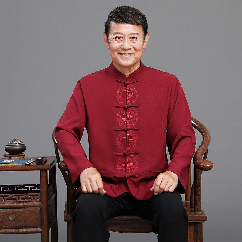 唐装男棉麻长袖套装中国风爸爸装