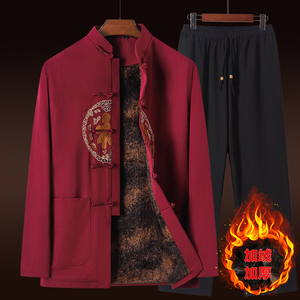 中国风冬季唐装男加绒加厚套装中老年人爸爸棉袄老人生日爷爷衣服