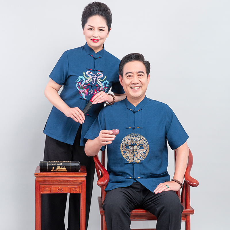 复古风夏季老年情侣唐装短袖套装
