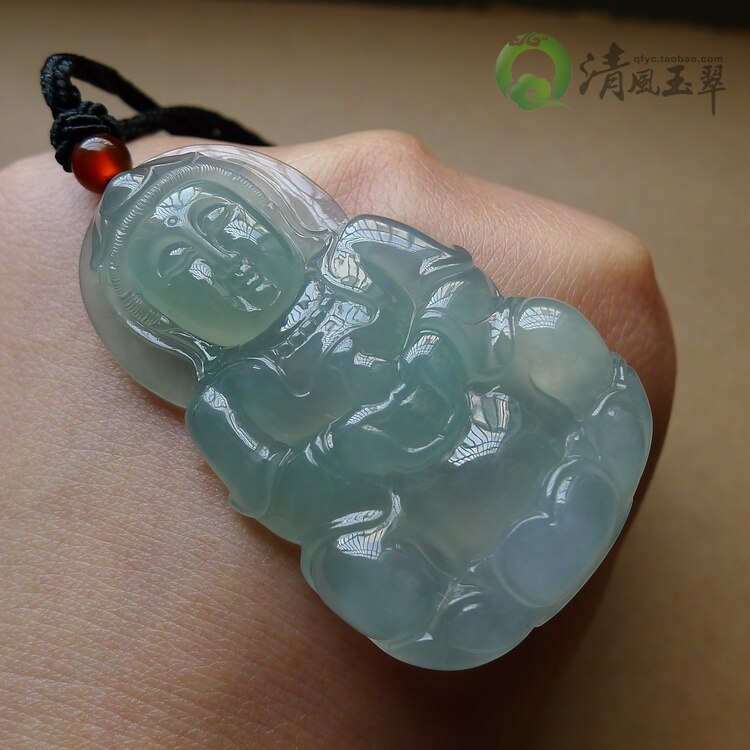 清风玉翠 缅甸天然A货翡翠 种老冰透厚庄晴水底淡绿 净瓶观音吊坠
