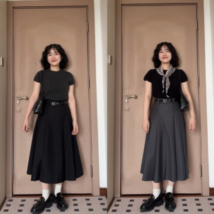 小个子灰色百褶裙女2026夏季新款高腰半身裙包臀裙中长裙西装伞裙