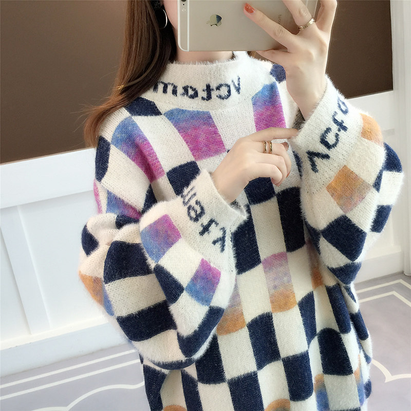 2018秋冬新款中长款仿貂绒毛衣女韩版宽松半高领格子灯笼袖针织衫