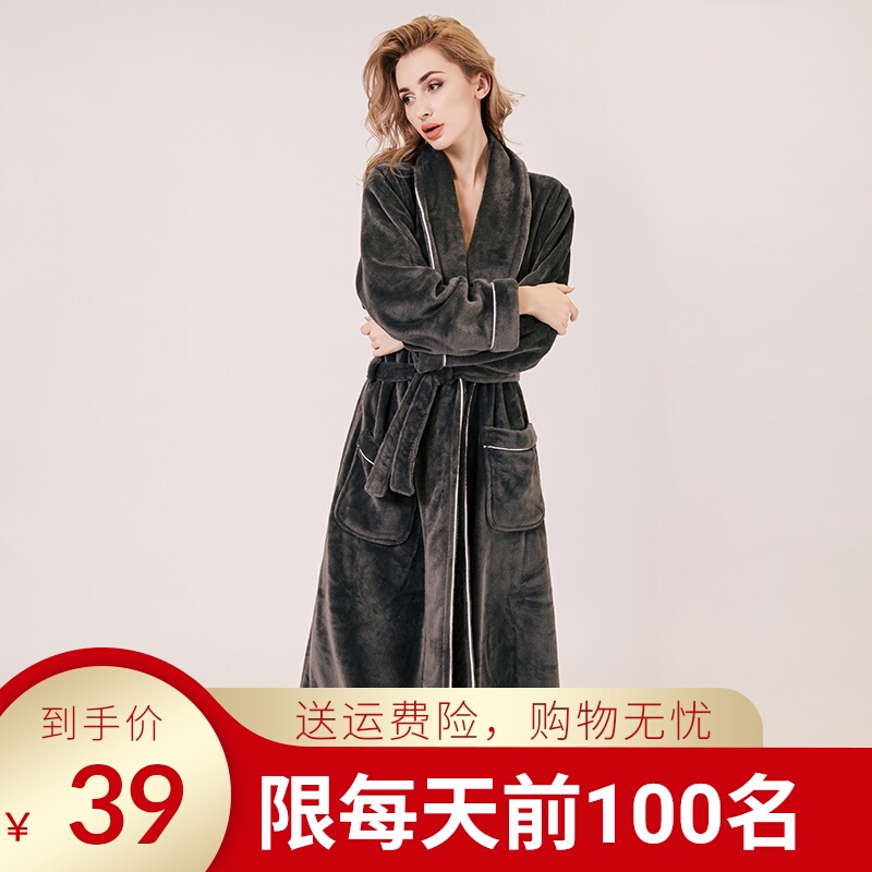 秋冬款法兰绒睡袍女冬季加绒加厚加长款珊瑚绒浴袍男情侣睡袍睡衣