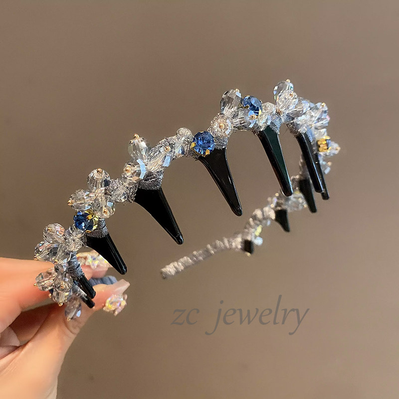 淡雅蓝色高档水晶带齿防滑发箍女时尚精致压碎发新款气质发卡发饰