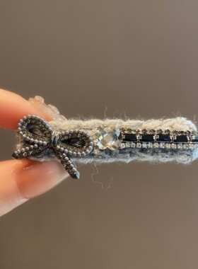 韩版东大门时尚灰色毛线重工闪钻领结蝴蝶结发夹女气质小众侧边夹