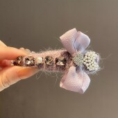 高级感甜美紫色毛线闪钻珍珠爱心蝴蝶结边夹女时尚 气质侧边碎发夹