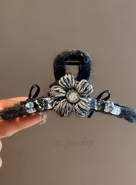 高级感时尚灰色毛线重工水晶花朵ab蝴蝶结抓夹女轻奢盘发鲨鱼夹
