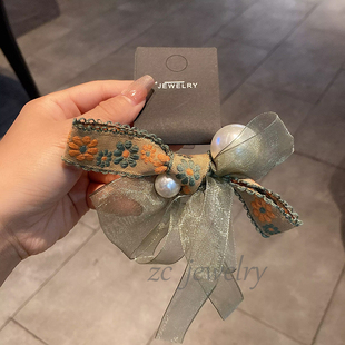 韩国东大门新款复古刺绣网纱蝴蝶结珍珠发圈女气质精致扎头绳发饰