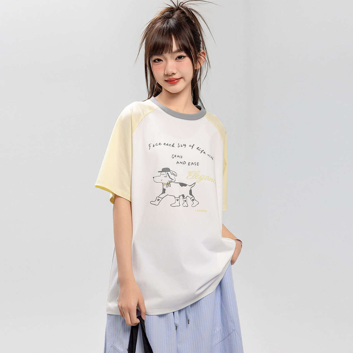 儿童短袖女童T恤夏季字母印花初中生学院风撞色拼接休闲上衣童装