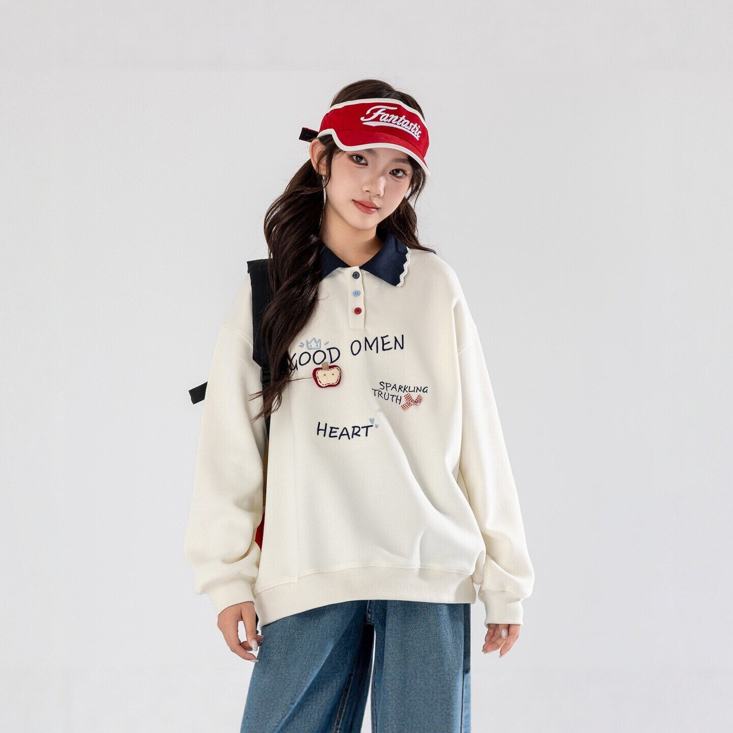 女大童春秋款韩式POLO领字母刺绣卫衣少女宽松落肩袖长袖秋季上衣