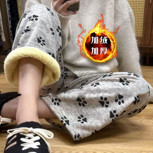 羊羔绒加绒加厚格子裤子休闲裤女秋冬宽松直筒格子居家裤棉裤睡裤