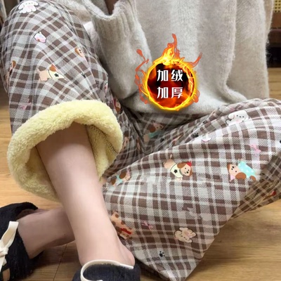 羊羔绒加绒加厚格子裤子休闲裤女秋冬宽松直筒格子居家裤棉裤睡裤