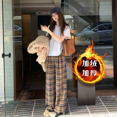 羊羔绒加绒加厚格子裤子休闲裤女秋冬宽松直筒阔腿裤棉裤居家睡裤