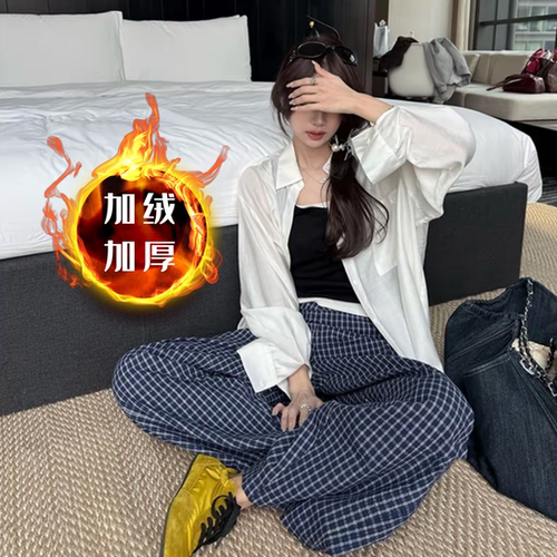 睡裤羊羔绒格子裤加绒遛弯居家裤