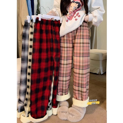 冬款加绒加厚羊羔绒格子裤子女显瘦百搭高腰宽松休闲阔腿裤长裤