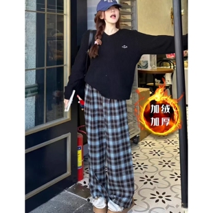 羊羔绒加绒加厚格子裤子休闲裤女秋冬保暖直筒阔腿裤棉裤居家睡裤
