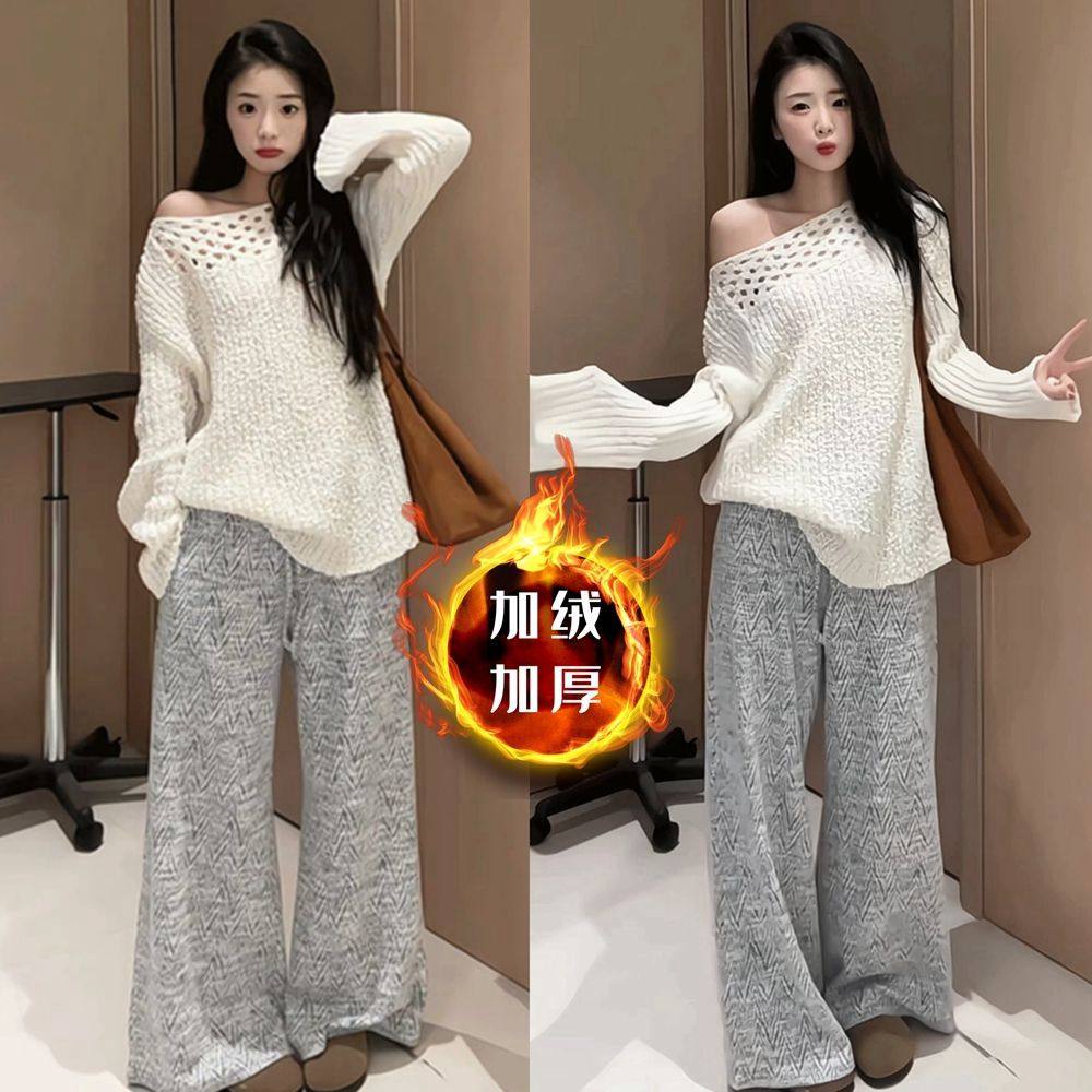 【有口袋】加绒小香风人字纹阔腿裤秋冬休闲提花长裤子直筒拖地裤,女装/女士精品,休闲裤,淘宝优惠券,粉丝福利购,淘宝优惠卷