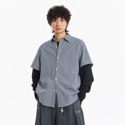cleanfit细格纹短袖衬衫宽松百搭