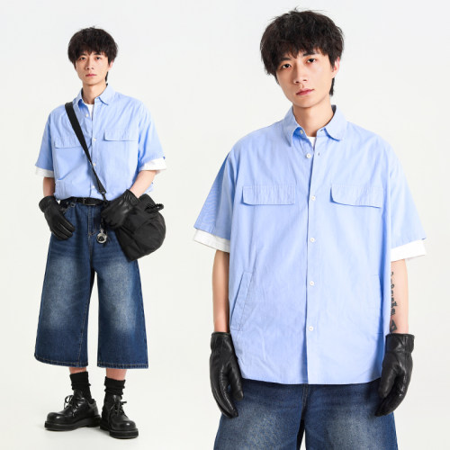 cleanfit简约通勤蓝色短袖衬衫男
