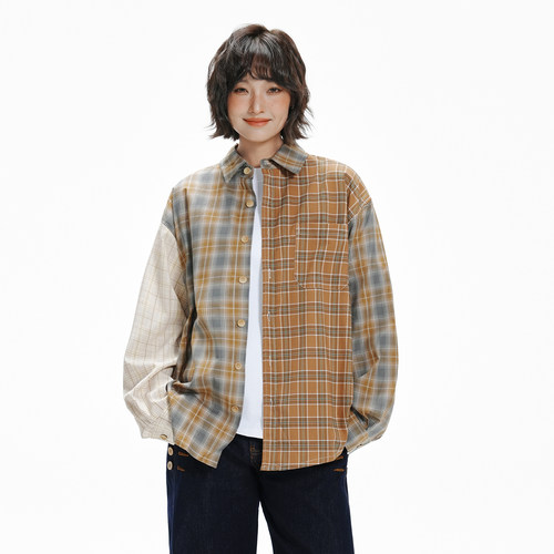 日系复古vintage格子拼色衬衫