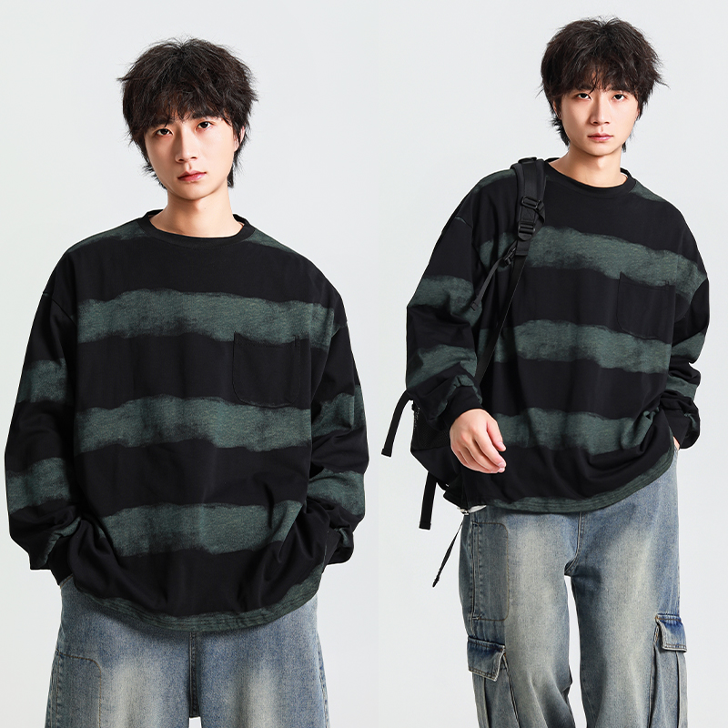 美式Cityboy圆领扎染条纹长袖T恤