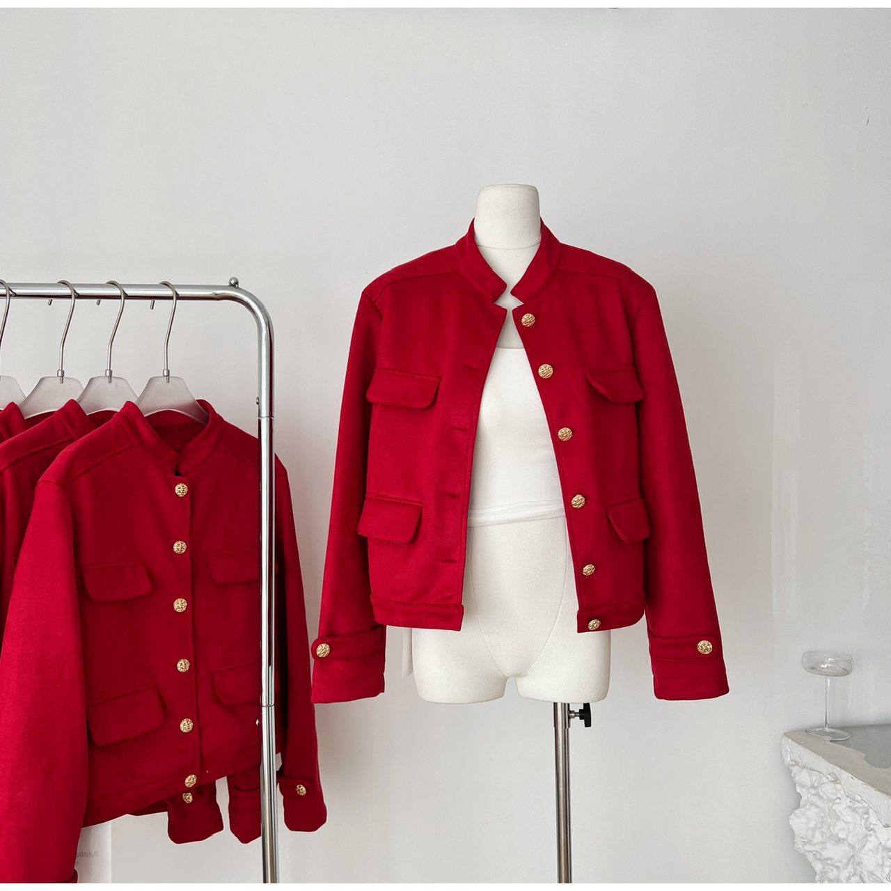 ATMOAOSU“RED赤霞”红色复古高级感麂皮立领外套宽松设计感夹克