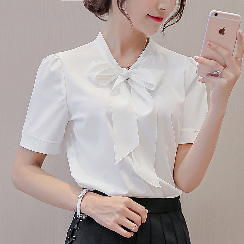 彩黛妃2026春夏新款韩版女装修身大码纯色打底衫短袖衬衫女雪纺衫
