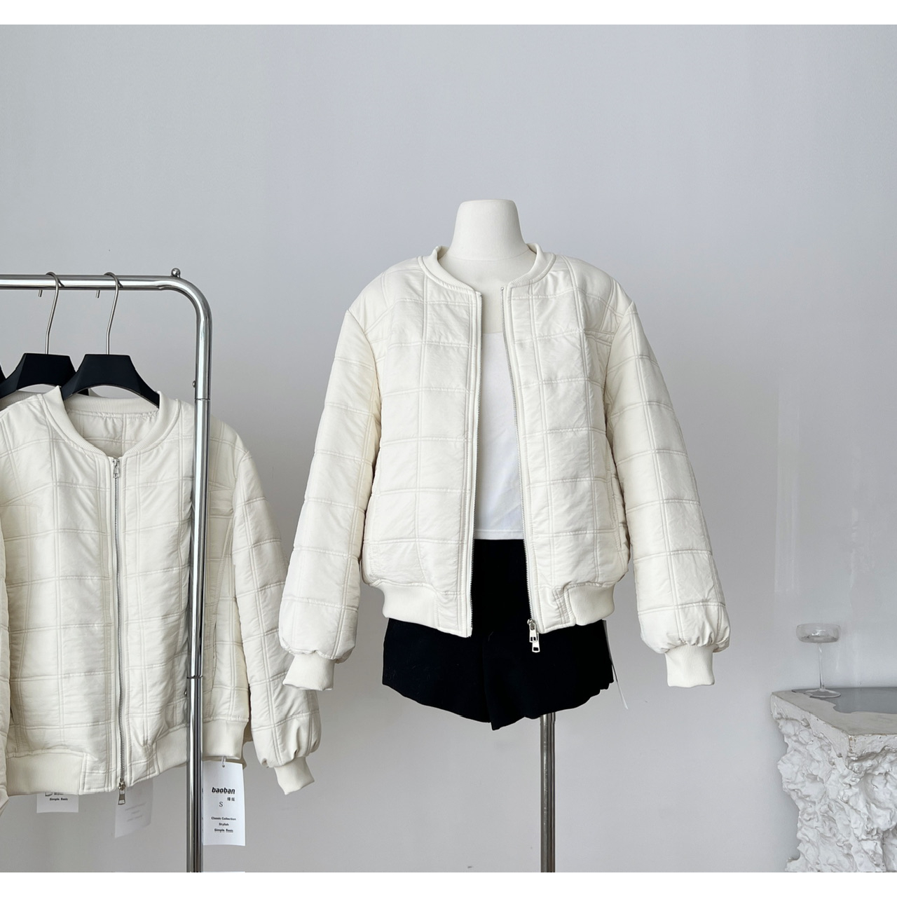 opening自制 私藏家~立领泡芙格棒球薄棉服外套