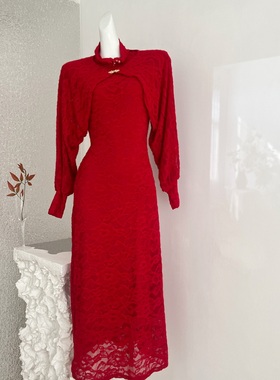 大Eees 东方之美 立领翻领两穿蕾丝旗袍加绒连衣裙+镂空蕾丝开衫