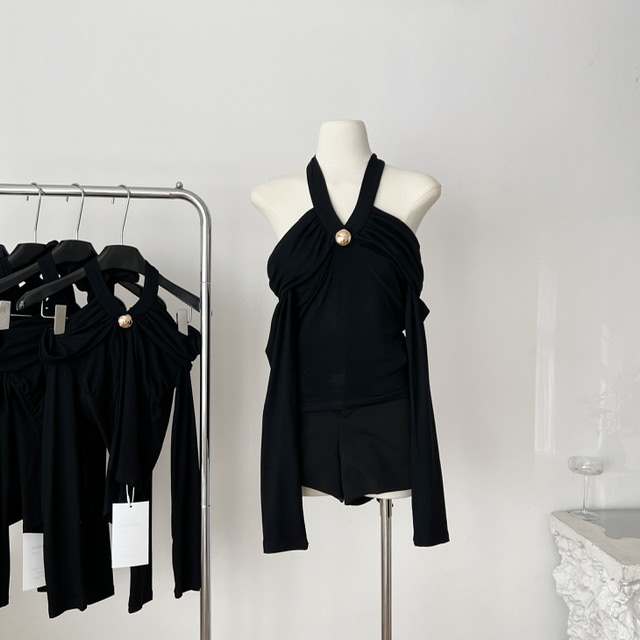 Mess Studio 辣妹设计感收腰金属扭结深蓝挂脖一字肩长袖上衣女秋