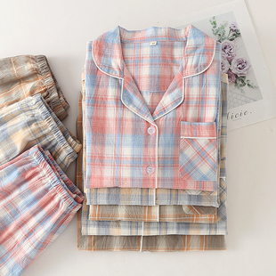 睡衣情侣纯棉布格子长袖长裤男女薄款春夏秋季宽松家居服两件套