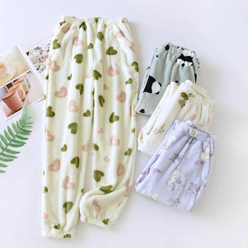 新款法兰绒睡裤女士加厚保暖纯色宽松珊瑚绒家居裤秋冬季休闲长裤