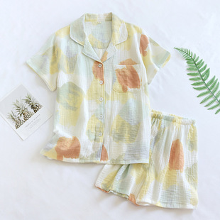 女油画绉布套双层棉纱休闲简约睡衣翻领家居服 夏季 新款 短袖 短裤