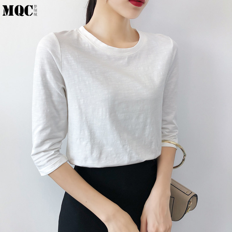 早春宽松七分袖竹节棉T恤上衣女新款纯色纯棉休闲百搭半袖体恤衫