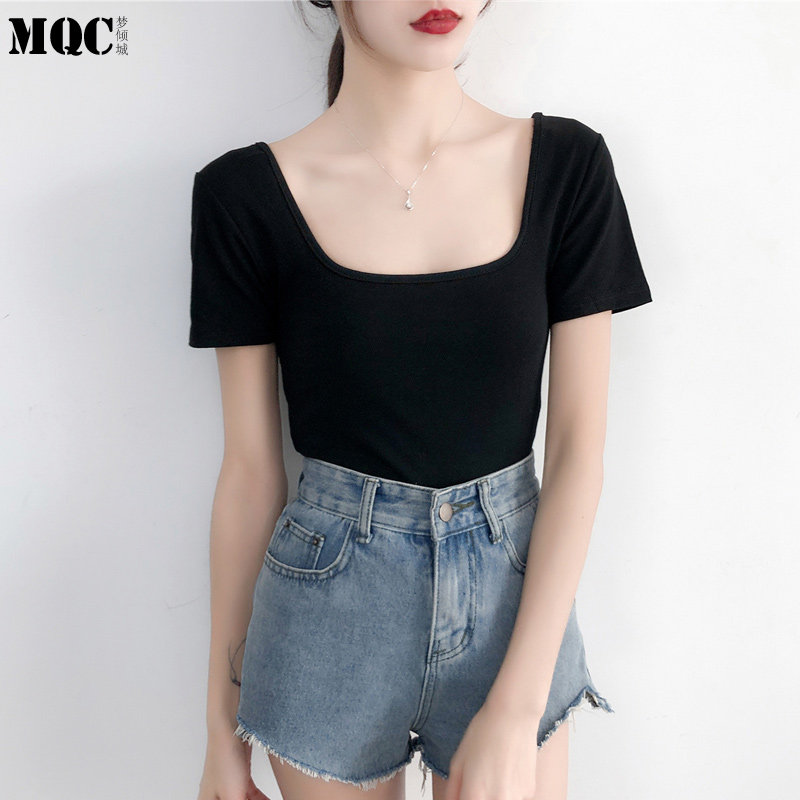 2021流行春夏季复古法式方领cect恤女短袖体恤短袖紧身洋气上衣女