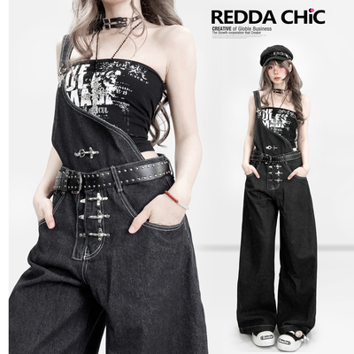 美式复古暗黑色牛仔背带裤不规则辣妹y2k直筒阔腿亚比宽松连体裤