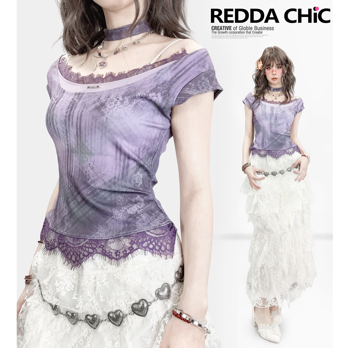 夏季紫色掐腰短袖上衣拼接蕾丝y2k辣妹短款修身围脖印花渐变T恤女