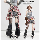 腿套套装 子不规则格子短裤 亚文化y2k穿搭 复古黑色牛仔屁帘裤 美式