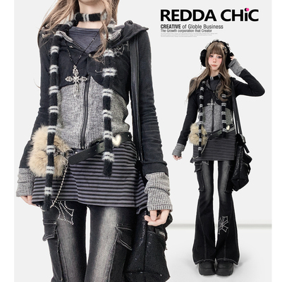 亚文化假两件连帽长袖T恤上衣黑色拼接修身暗黑亚比小开衫外套秋