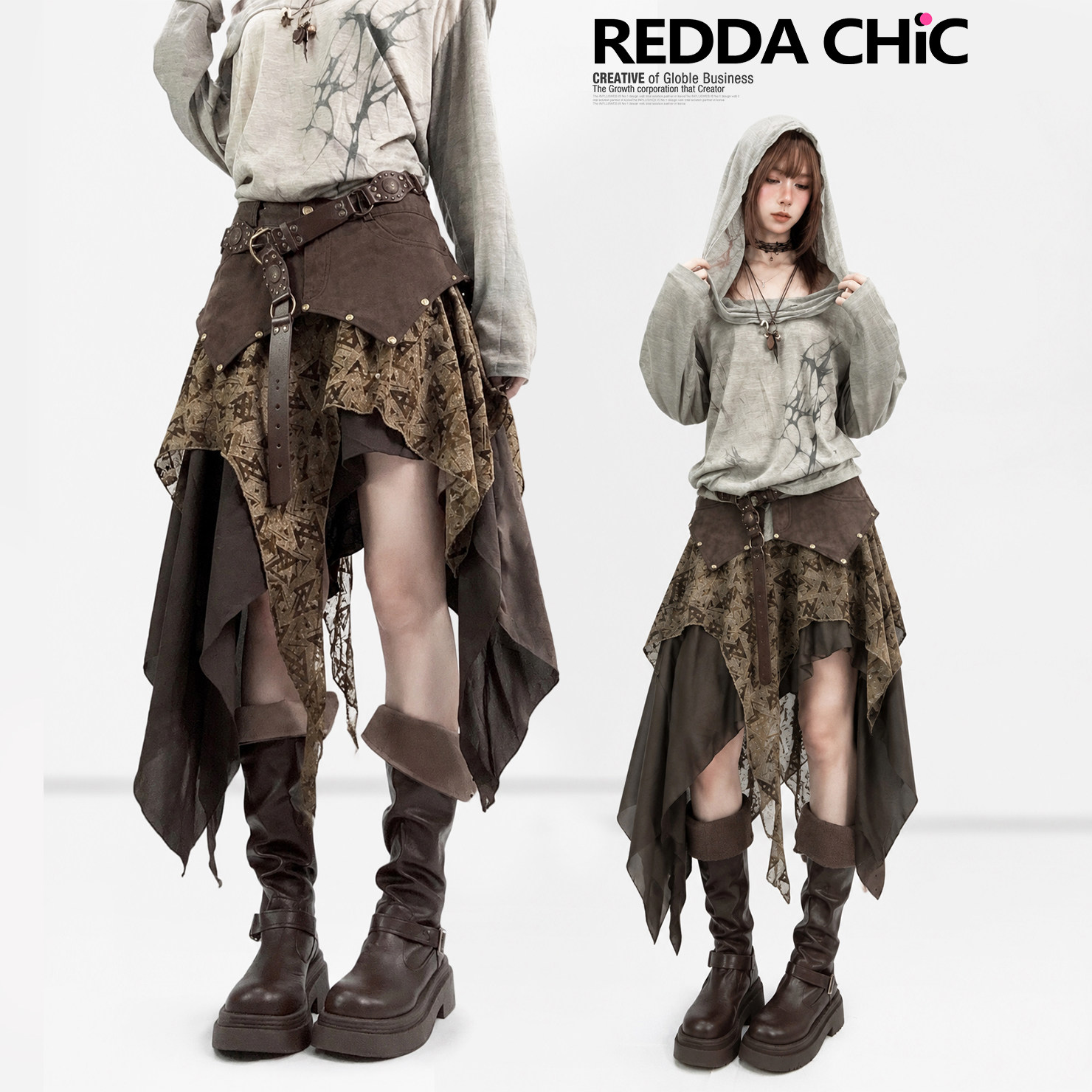 沙丘废土风棕色不规则半身裙麂皮A字低腰印花荷叶边中长款蛋糕裙