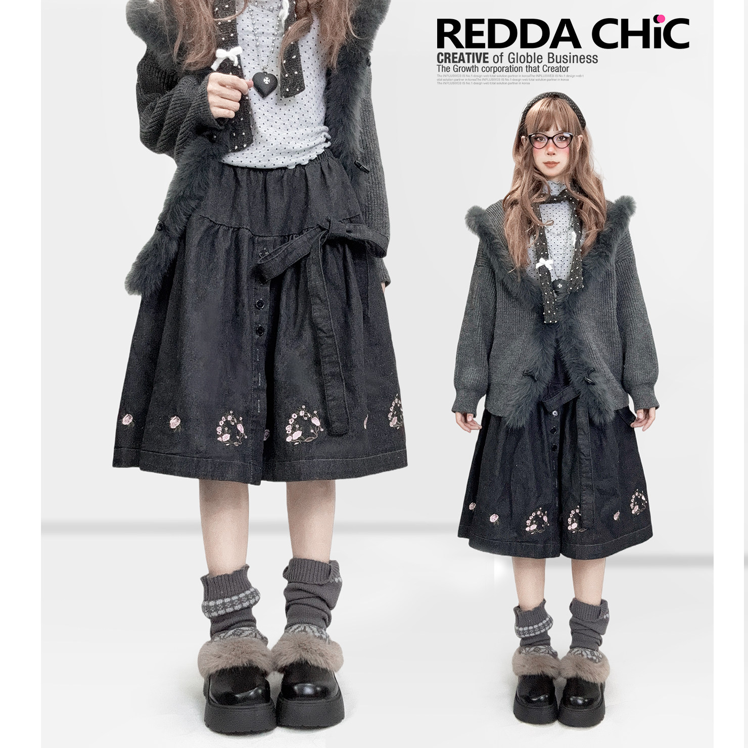 古早千禧年黑灰色牛仔半身裙复古开叉刺绣亚比秋冬文艺过膝中裙女