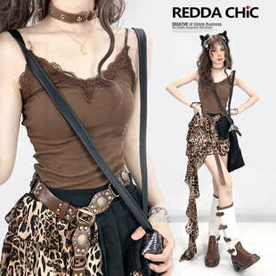 美式 内衣针织棕色蕾丝背心 复古美拉德上衣吊带带胸垫女甜辣妹修身