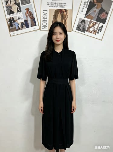 2026新款夏季女装黑色长袖连衣裙简约风格宽松版型春秋款