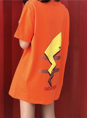 2024夏季新款ins超火情侣装卡通大尾巴闪电印花橙色纯棉短袖T恤潮